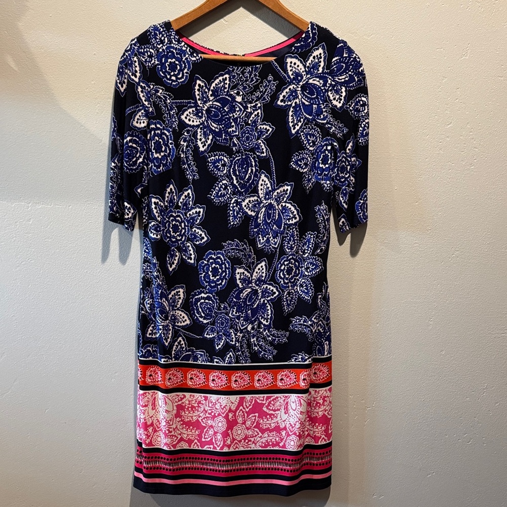 Eliza J Floral Print Navy and Pink Women’s Shift Short Sleeve Midi Dress